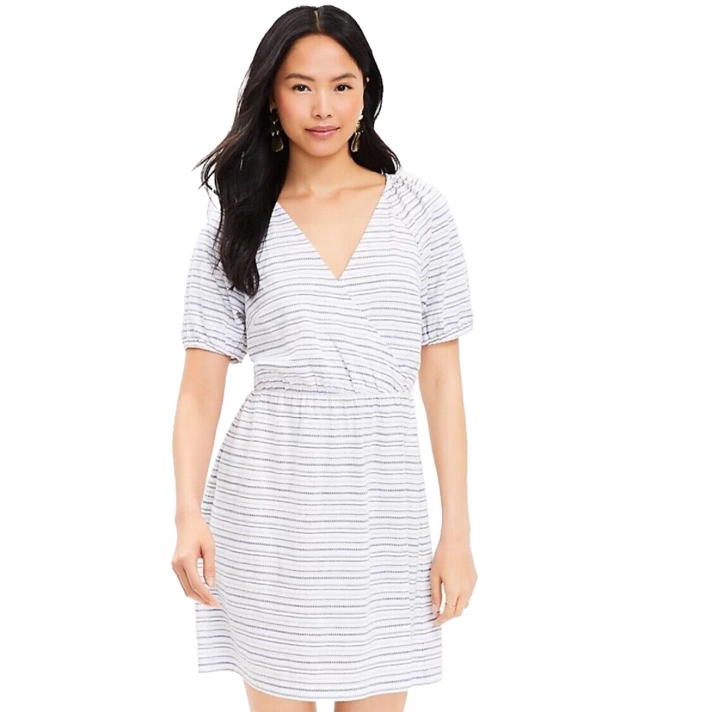 LOFT Striped Jacquard Puff Sleeve Dress Medium